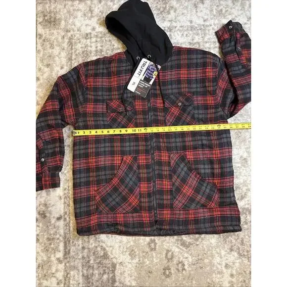 Tru-Fit Hooded Zip Front Jacket Coat Shacket Flannel Shirt Red Gray Plaid XL NWT - Picture 3 of 5
